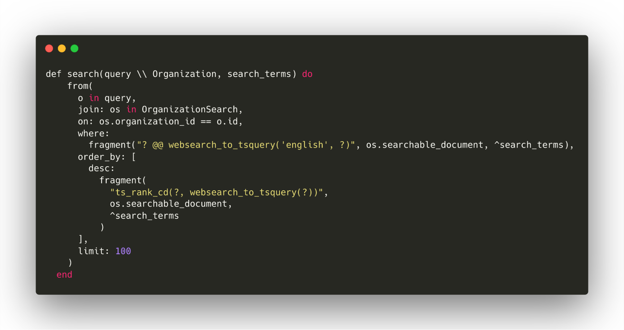 Ecto query searching organization_search and joining on organizations