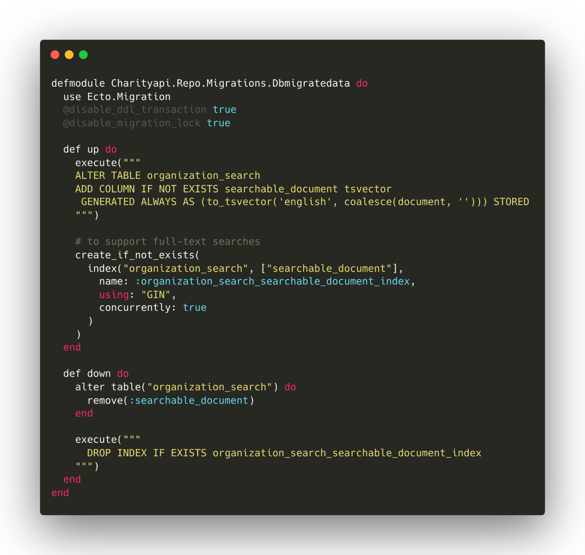 Ecto migration adding a searchable_document tsvector column with a GIN index